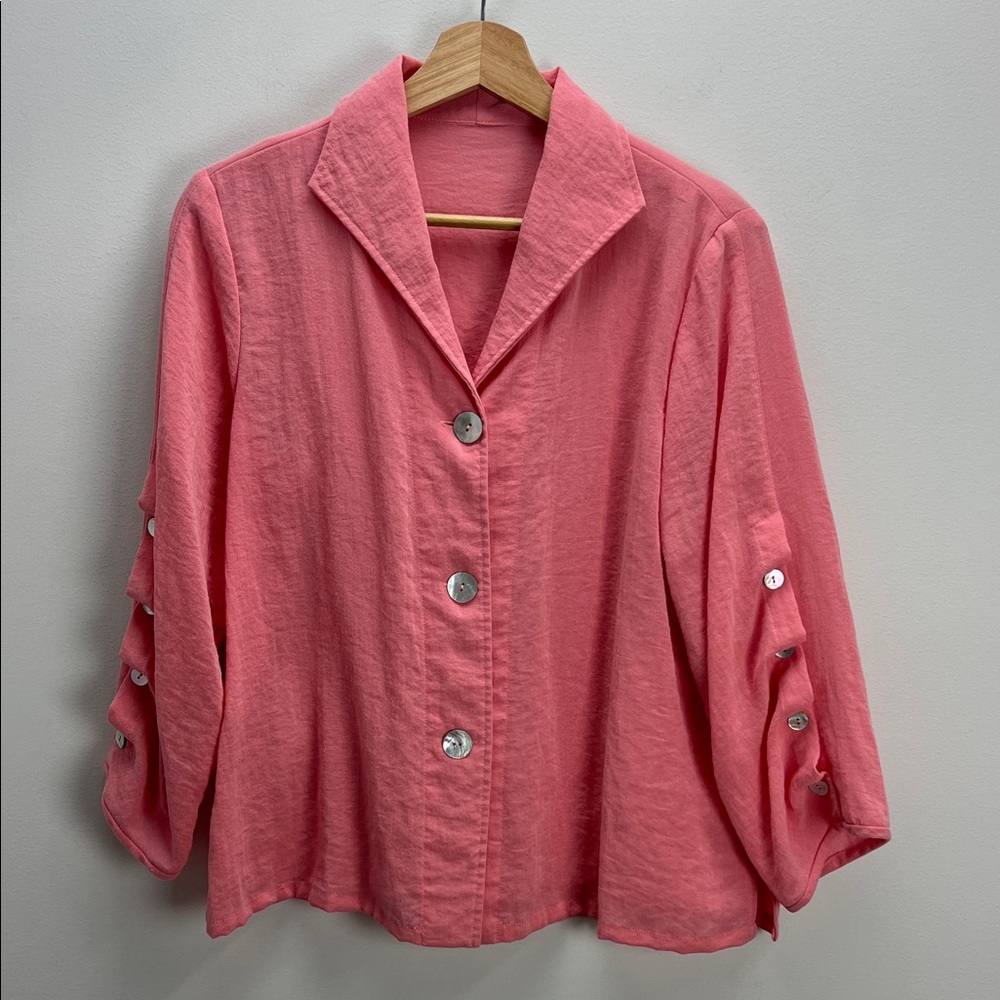 Fridaze Linen Top Pink Shell Button Sleeves Womens Large Wrinkle Reistant Travel